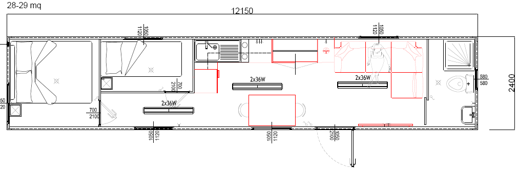 Container monoblocco Abitativo Bungalow12100x2400