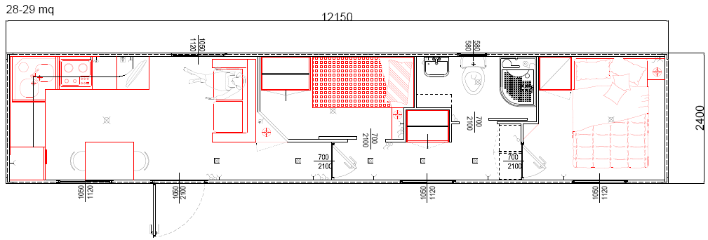 Container monoblocco Abitativo Bungalow12100x2400