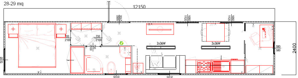 Container monoblocco Abitativo Bungalow12100x2400