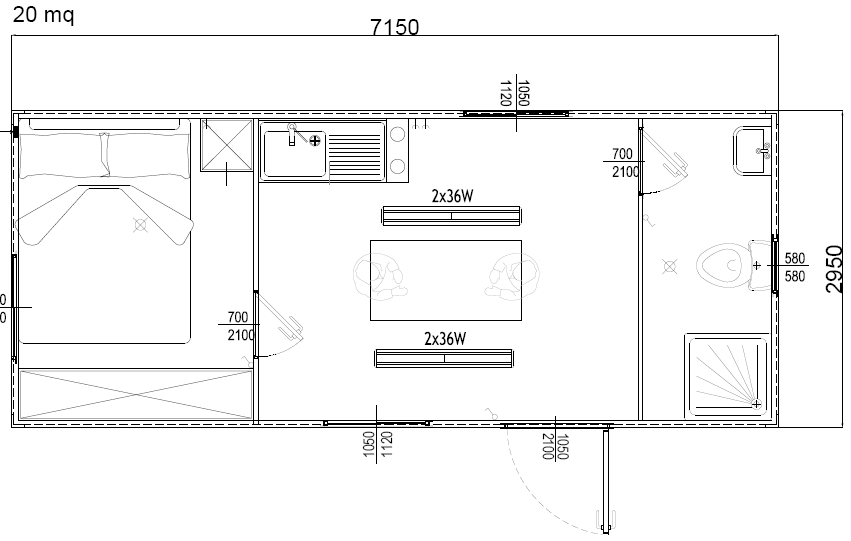 Container monoblocco Abitativo Bungalow7100x 3000