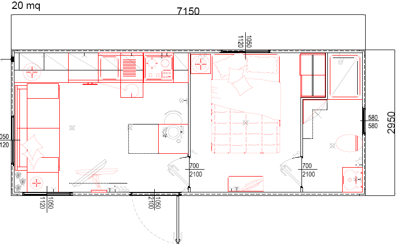 Container monoblocco Abitativo Bungalow7100x3000