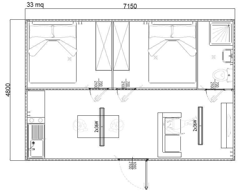 Container monoblocco prefabbricat casetta 7200 x 4800